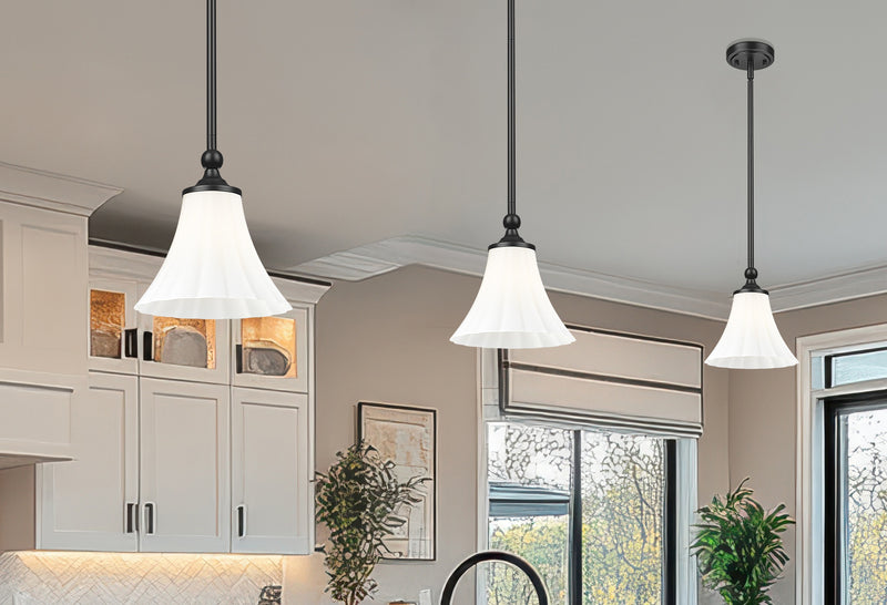 Fleur 1 Light 8" Pendant in Matte Black in a room setting