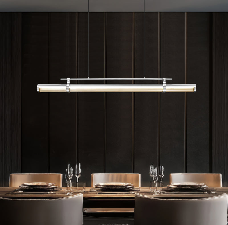 Benoit 1 Light 56" Linear Pendant in Brushed Nickel in a room setting