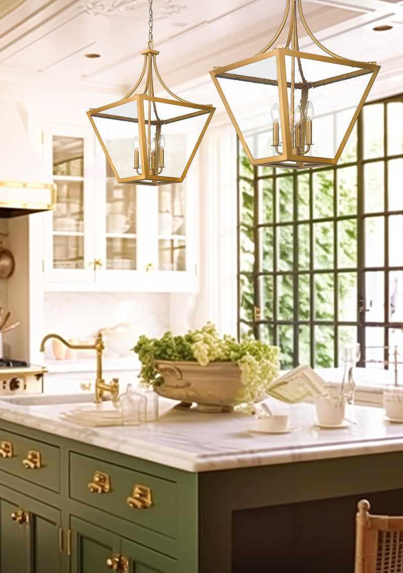 Montalcino 4 Light 18" Pendant in Rubbed Brass in a room setting