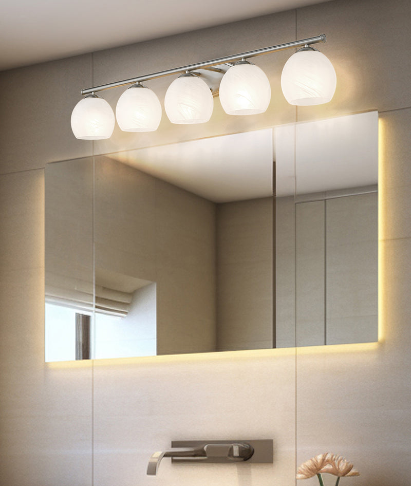 Colette 5 Light 42" Vanity in Brushed Nickel in a room setting