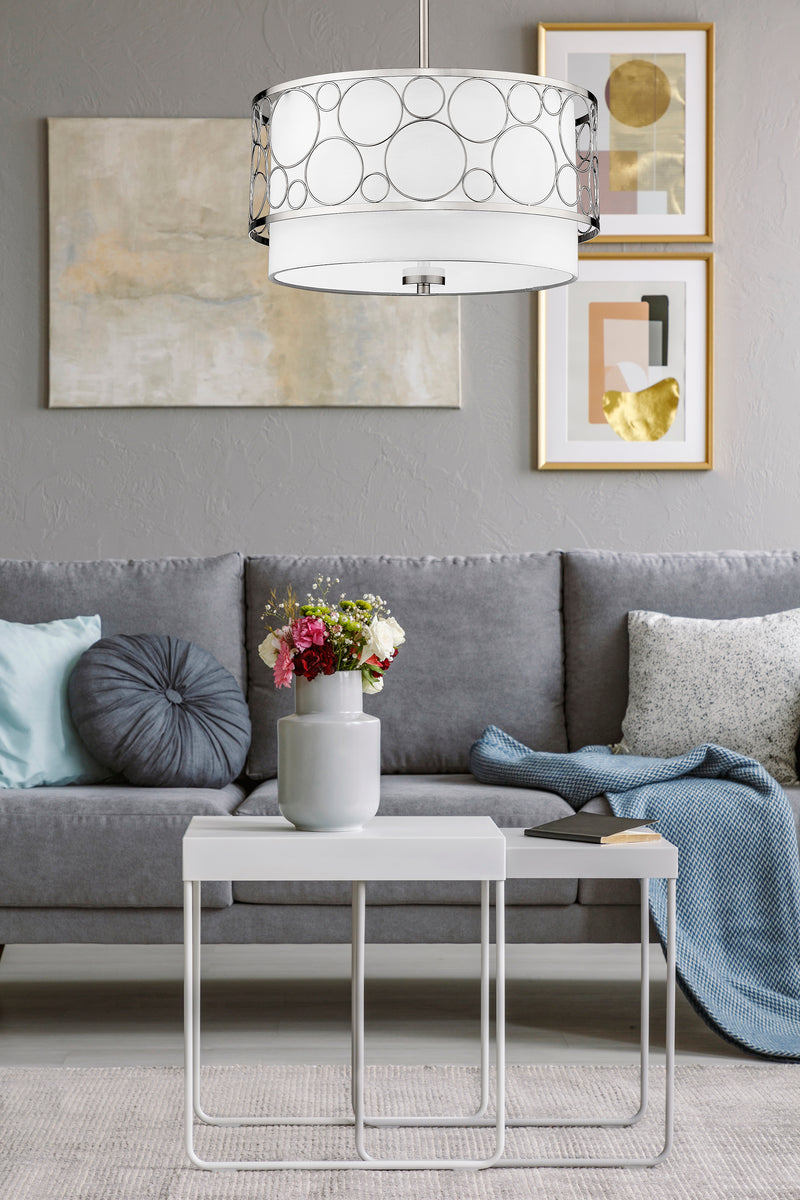 Kendall 3 Light 17" Pendant in Brushed Nickel in a room setting