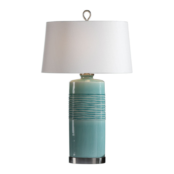 Uttermost's Rila Distressed Teal Table Lamp Designed by Jim Parsons - Lamps Expo