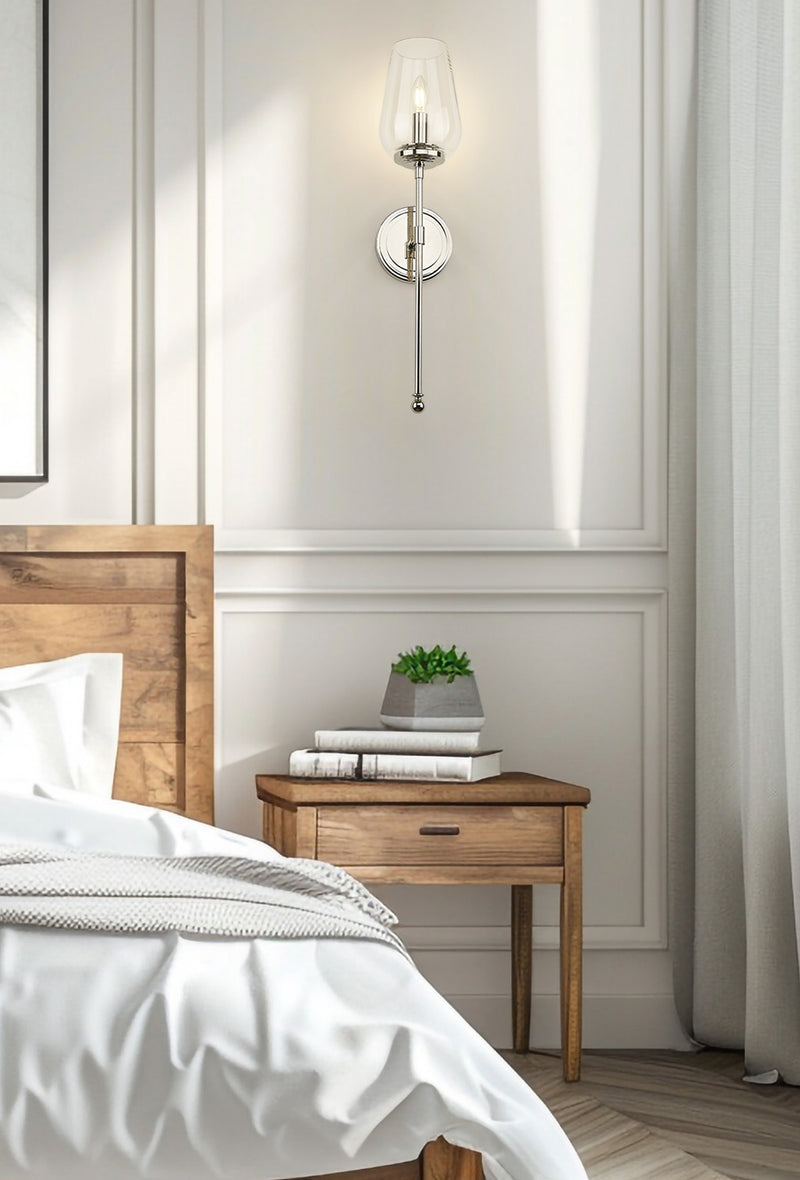Dominique 1 Light 5.75" Wall Sconce in Polished Nickel in a room setting
