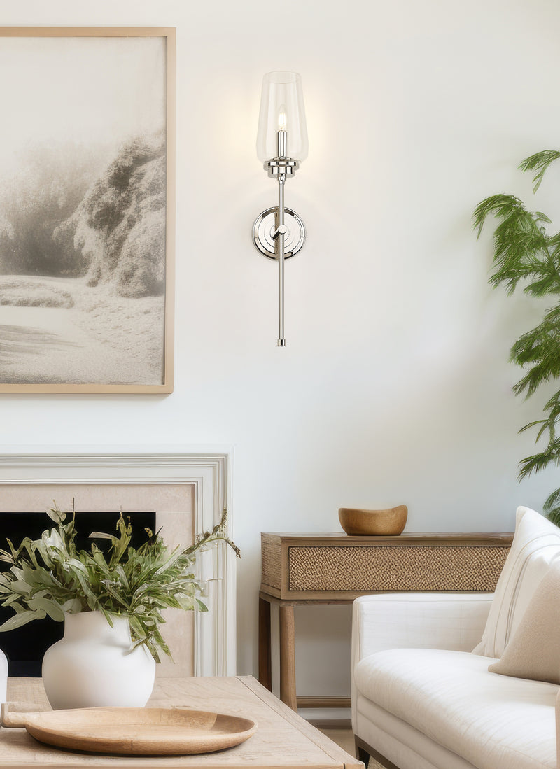 Clara 1 Light 5.5" Wall Sconce in Polished Nickel in a room setting
