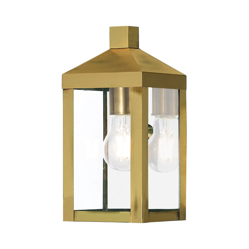 Nyack Mini Outdoor Wall Lantern in Antique Brass with Polished Chrome Stainless Steel Reflector