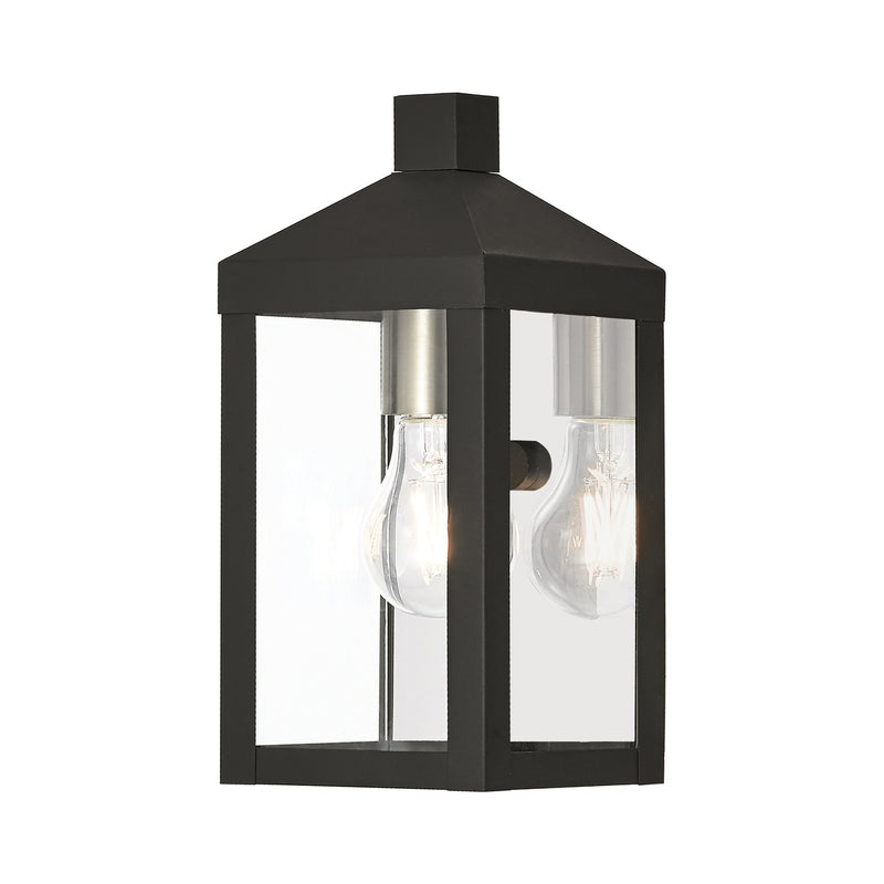 Nyack Mini Outdoor Wall Lantern in Black with Brushed Nickel Finish Cluster and Polished Chrome Stainless Steel Reflector