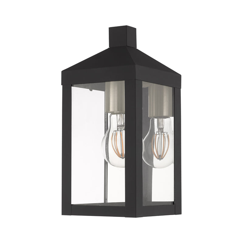 Nyack Mini Outdoor Wall Lantern in Black with Brushed Nickel Finish Cluster and Polished Chrome Stainless Steel Reflector