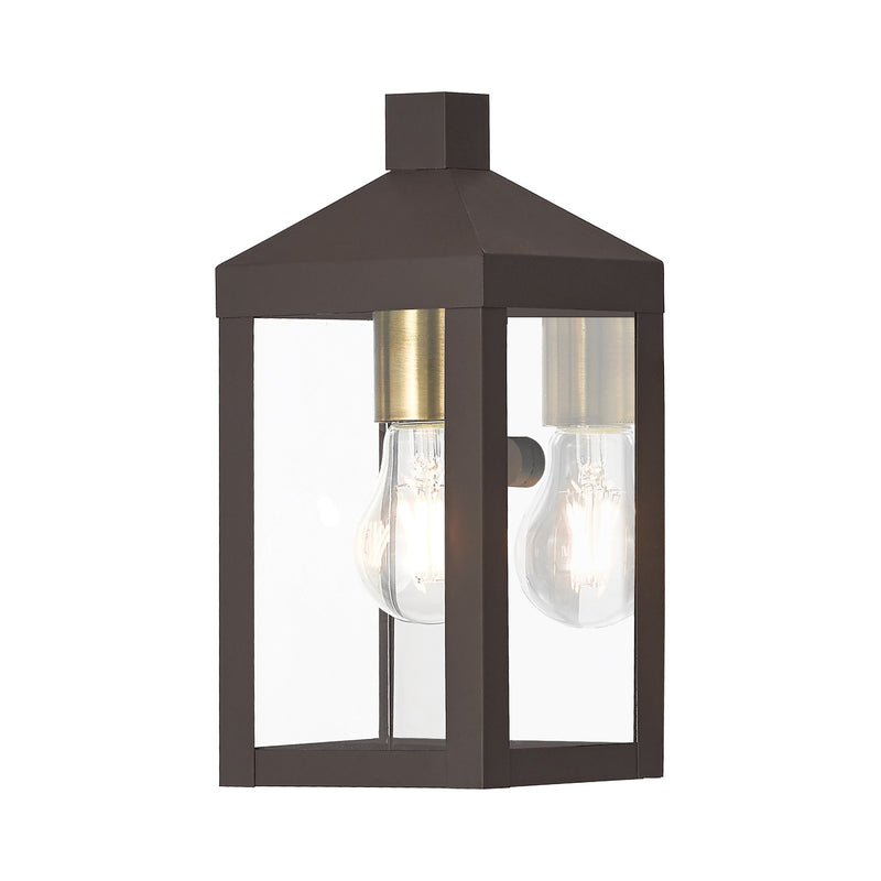 Nyack Mini Outdoor Wall Lantern in Bronze with Antique Brass Finish Cluster and Polished Chrome Stainless Steel Reflector
