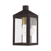 Nyack Mini Outdoor Wall Lantern in Bronze with Antique Brass Finish Cluster and Polished Chrome Stainless Steel Reflector