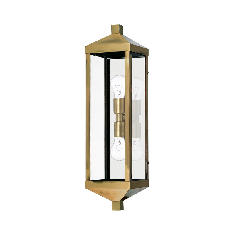 Nyack 2-Light Tall Outdoor Wall Lantern in Antique Brass with Polished Chrome Stainless Steel Reflector