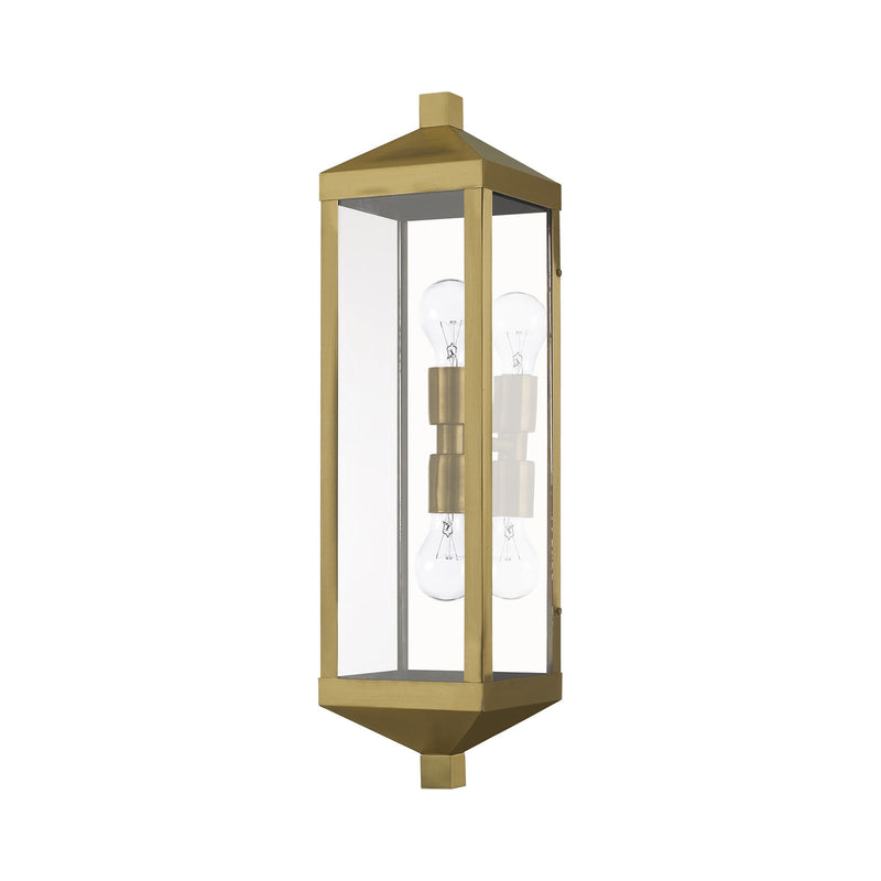 Nyack 2-Light Tall Outdoor Wall Lantern in Antique Brass with Polished Chrome Stainless Steel Reflector