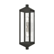 Nyack 2-Light Tall Outdoor Wall Lantern in Black with Brushed Nickel Finish Cluster and Polished Chrome Stainless Steel Reflector