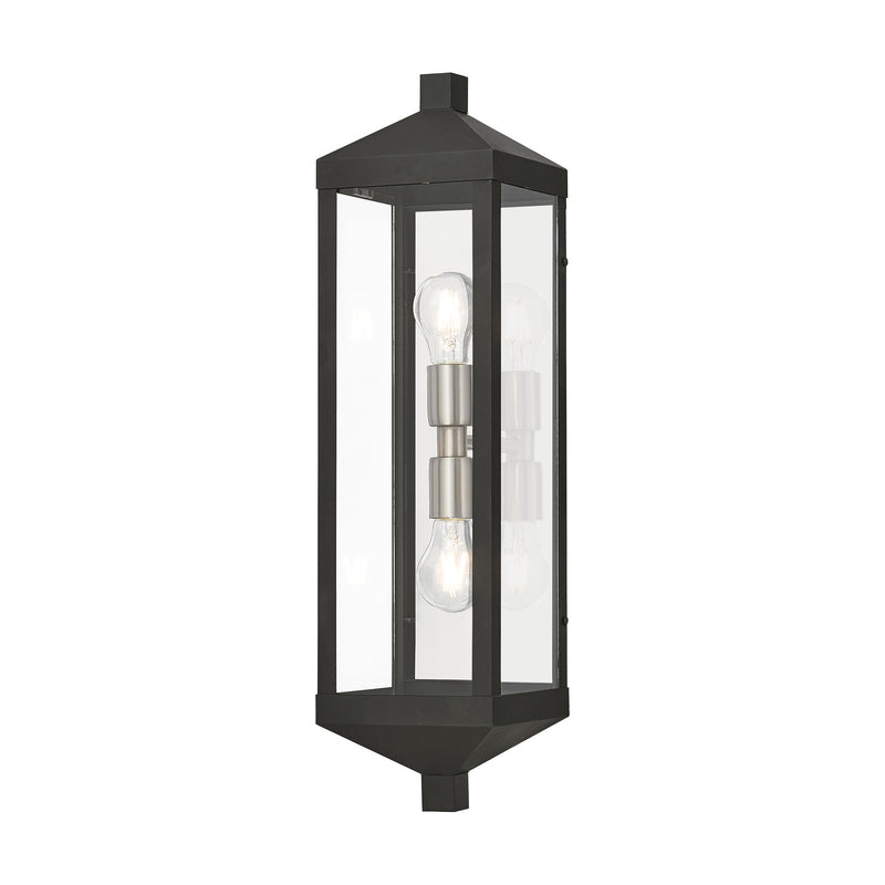 Nyack 2-Light Tall Outdoor Wall Lantern in Black with Brushed Nickel Finish Cluster and Polished Chrome Stainless Steel Reflector