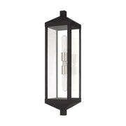 Nyack 2-Light Tall Outdoor Wall Lantern in Black with Brushed Nickel Finish Cluster and Polished Chrome Stainless Steel Reflector