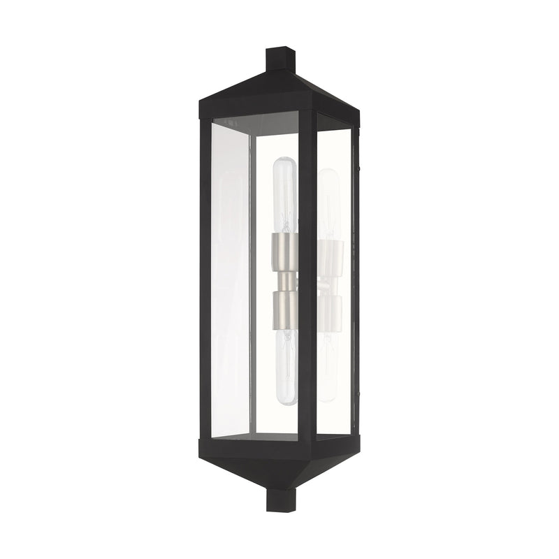 Nyack 2-Light Tall Outdoor Wall Lantern in Black with Brushed Nickel Finish Cluster and Polished Chrome Stainless Steel Reflector