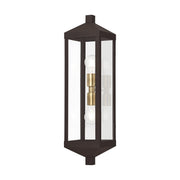 Nyack 2-Light Tall Outdoor Wall Lantern in Bronze with Antique Brass Finish Cluster and Polished Chrome Stainless Steel Reflector