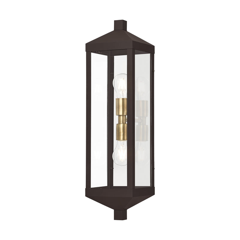 Nyack 2-Light Tall Outdoor Wall Lantern in Bronze with Antique Brass Finish Cluster and Polished Chrome Stainless Steel Reflector