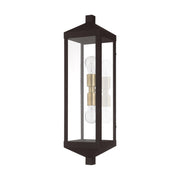 Nyack 2-Light Tall Outdoor Wall Lantern in Bronze with Antique Brass Finish Cluster and Polished Chrome Stainless Steel Reflector