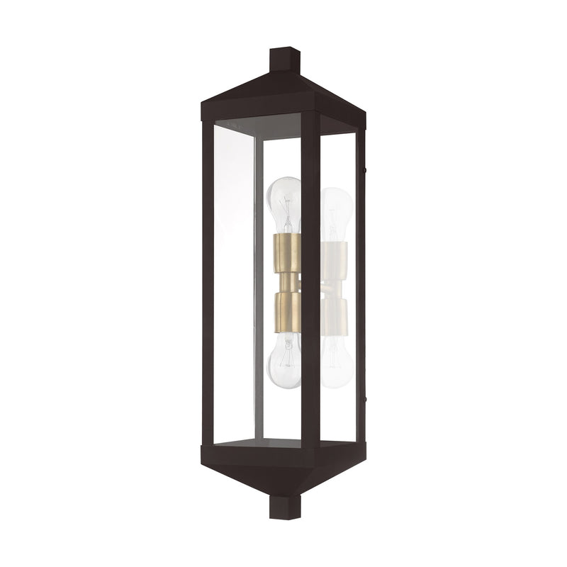 Nyack 2-Light Tall Outdoor Wall Lantern in Bronze with Antique Brass Finish Cluster and Polished Chrome Stainless Steel Reflector