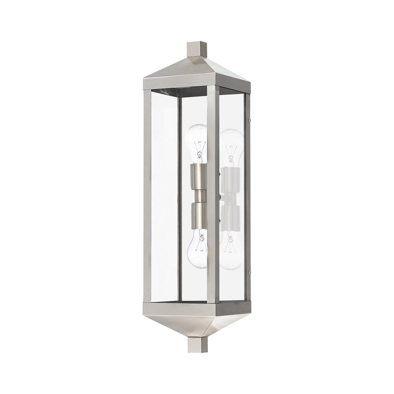 Nyack 2-Light Tall Outdoor Wall Lantern in Brushed Nickel with Polished Chrome Stainless Steel Reflector