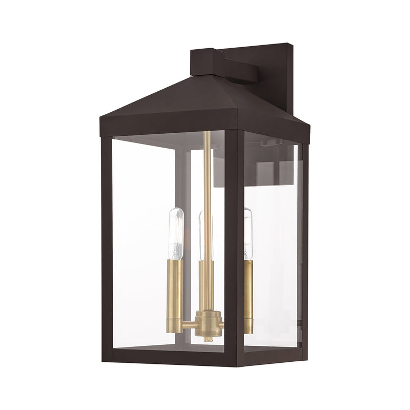 Nyack 3-Light Medium Outdoor Wall Lantern in Bronze with Antique Brass Cluster