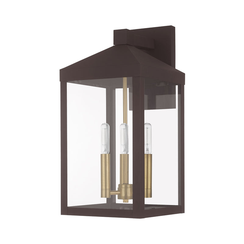 Nyack 3-Light Medium Outdoor Wall Lantern in Bronze with Antique Brass Cluster