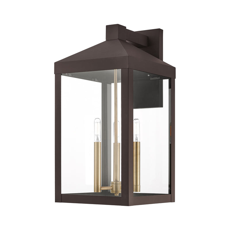 Nyack 3-Light Large Outdoor Wall Lantern in Bronze with Antique Brass Cluster
