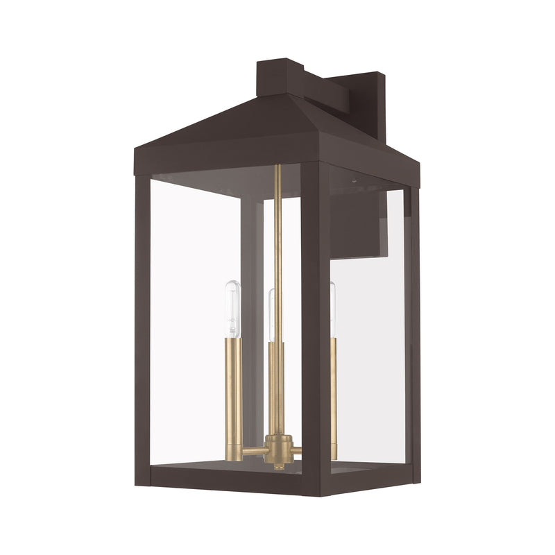 Nyack 3-Light Large Outdoor Wall Lantern in Bronze with Antique Brass Cluster