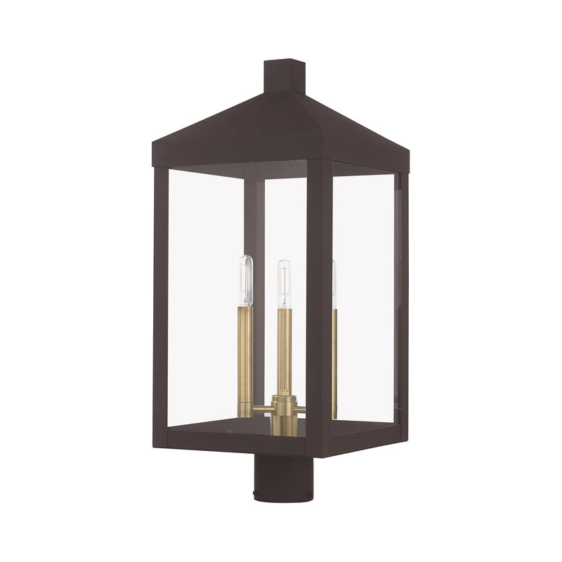 Nyack 3-Light Large Outdoor Post Light in Bronze with Antique Brass Finish Cluster