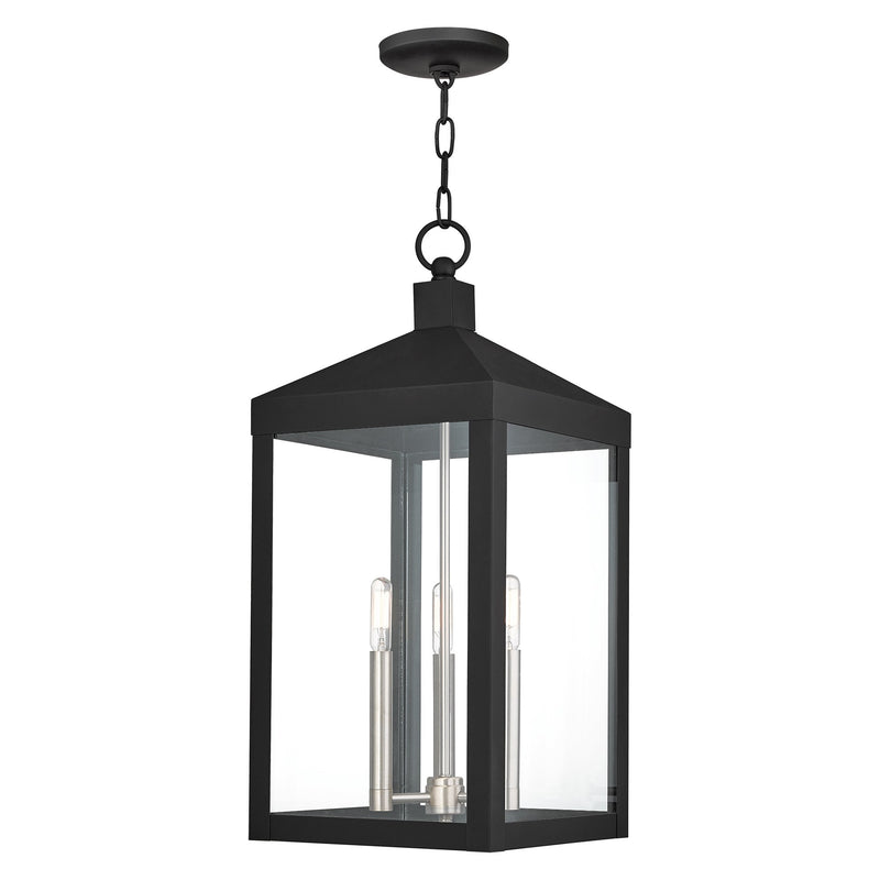 Nyack 3-Light Large Outdoor Pendant Lantern in Black with Brushed Nickel Finish Cluster