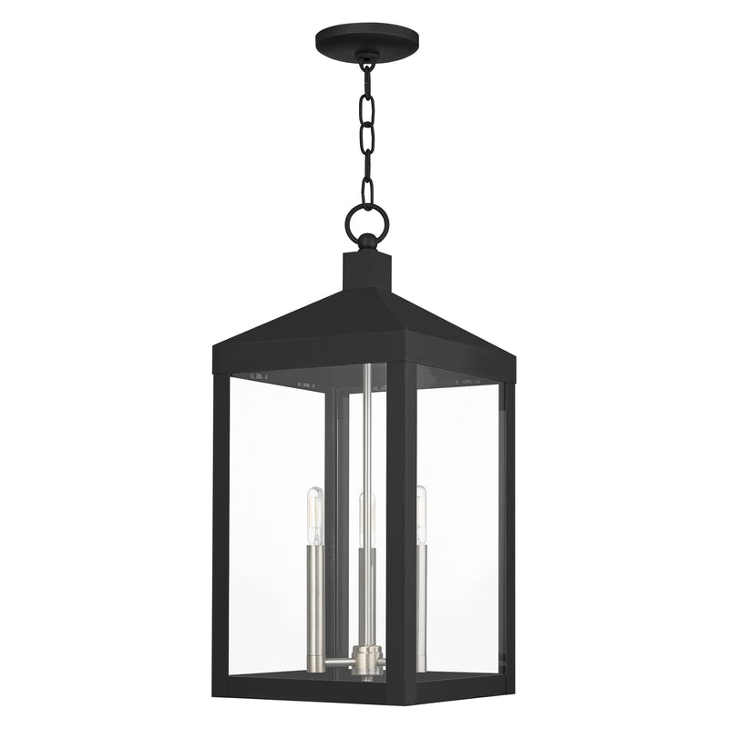 Nyack 3-Light Large Outdoor Pendant Lantern in Black with Brushed Nickel Finish Cluster
