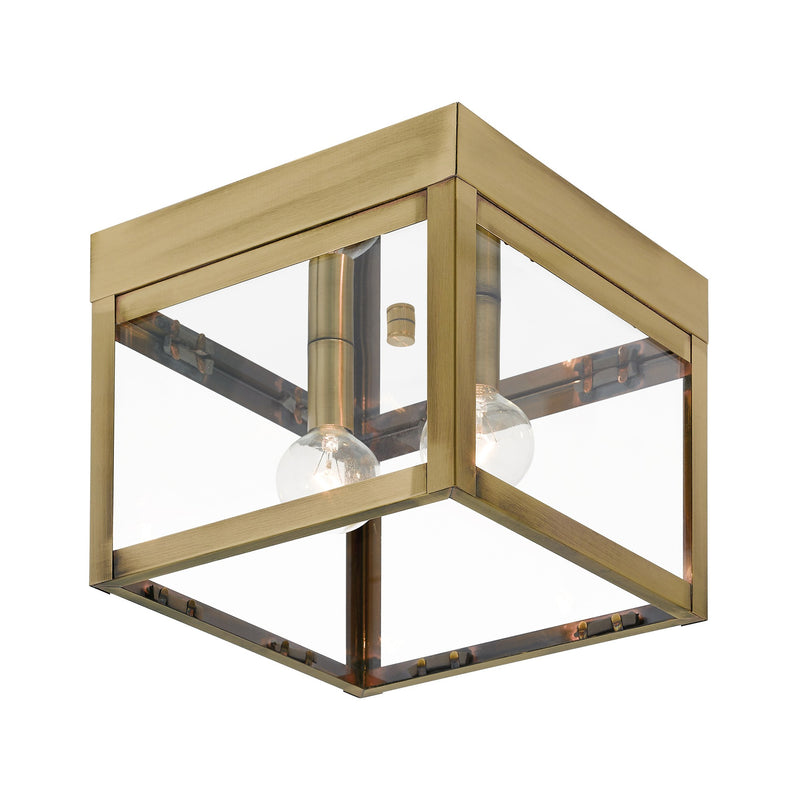 Nyack 2-Light Outdoor Flush Mount in Antique Brass with Polished Chrome Stainless Steel Reflector