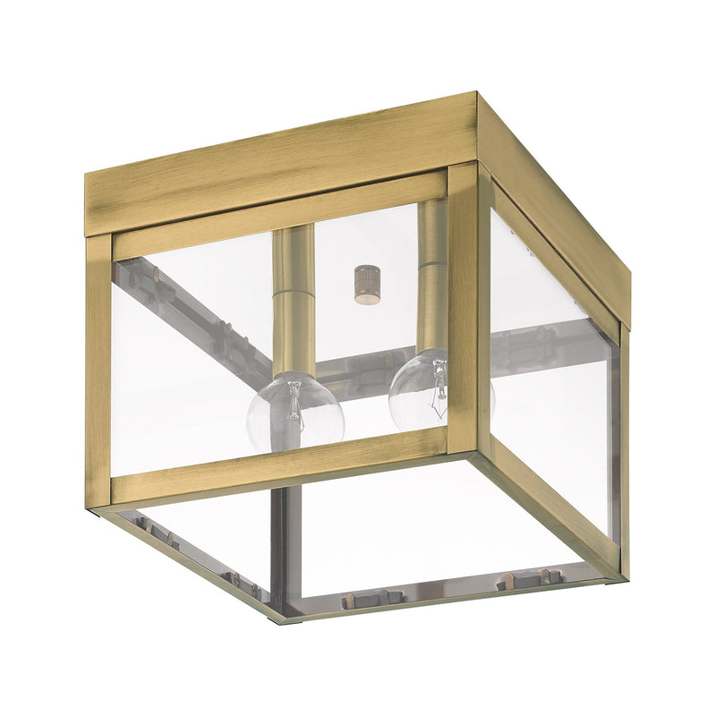 Nyack 2-Light Outdoor Flush Mount in Antique Brass with Polished Chrome Stainless Steel Reflector