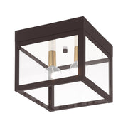 Nyack 2-Light Outdoor Flush Mount in Bronze with Antique Brass Finish Cluster with Polished Chrome Stainless Steel Reflector