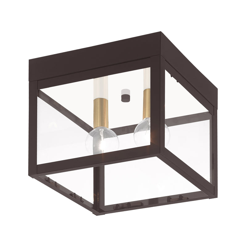 Nyack 2-Light Outdoor Flush Mount in Bronze with Antique Brass Finish Cluster with Polished Chrome Stainless Steel Reflector