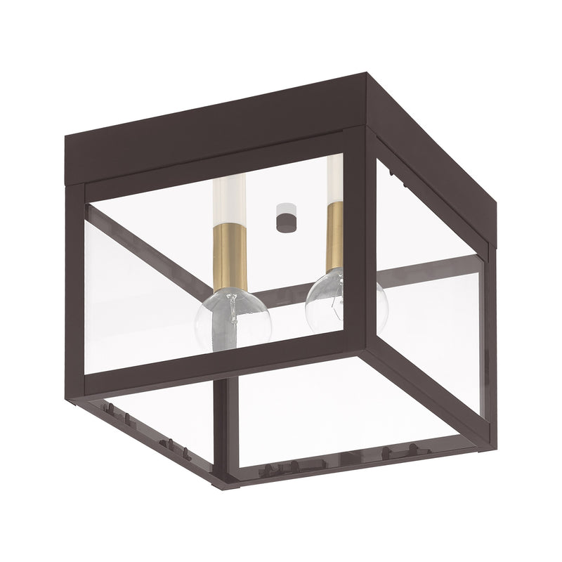Nyack 2-Light Outdoor Flush Mount in Bronze with Antique Brass Finish Cluster with Polished Chrome Stainless Steel Reflector