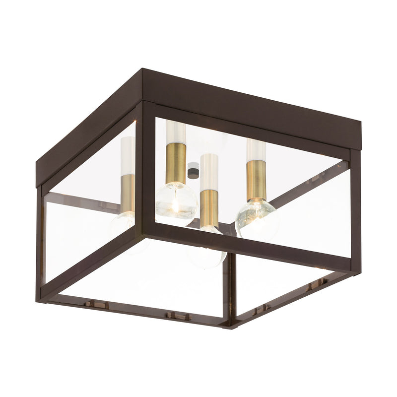 Nyack 4-Light Outdoor Flush Mount in Bronze with Antique Brass Finish Cluster with Polished Chrome Stainless Steel Reflector