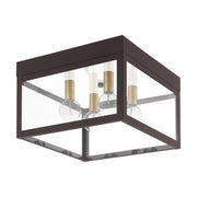 Nyack 4-Light Outdoor Flush Mount in Bronze with Antique Brass Finish Cluster with Polished Chrome Stainless Steel Reflector