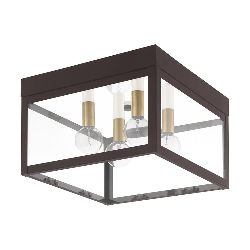 Nyack 4-Light Outdoor Flush Mount in Bronze with Antique Brass Finish Cluster with Polished Chrome Stainless Steel Reflector