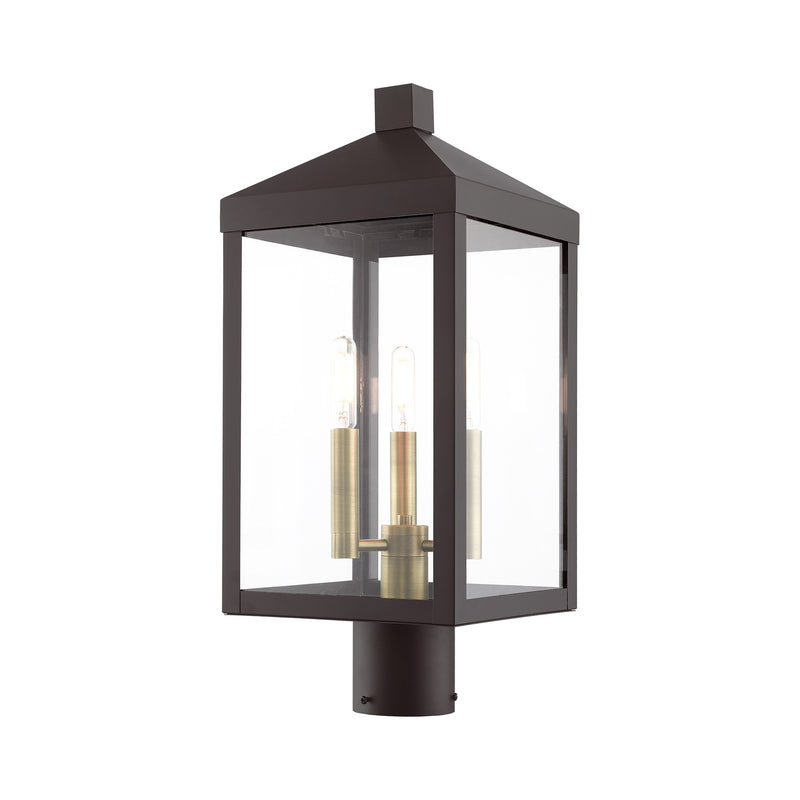 Nyack 3-Light Medium Outdoor Post Light in Bronze with Antique Brass Cluster