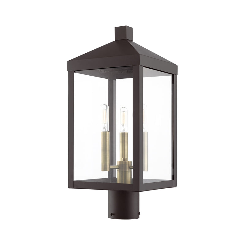 Nyack 3-Light Medium Outdoor Post Light in Bronze with Antique Brass Cluster