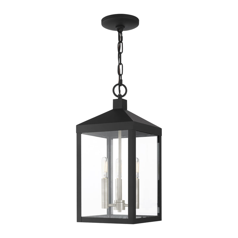 Nyack 3-Light Medium Outdoor Pendant Lantern in Black with Brushed Nickel Cluster