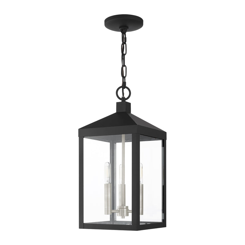 Nyack 3-Light Medium Outdoor Pendant Lantern in Black with Brushed Nickel Cluster