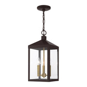 Nyack 3-Light Medium Outdoor Pendant Lantern in Bronze with Antique Brass Cluster