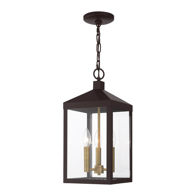Nyack 3-Light Medium Outdoor Pendant Lantern in Bronze with Antique Brass Cluster