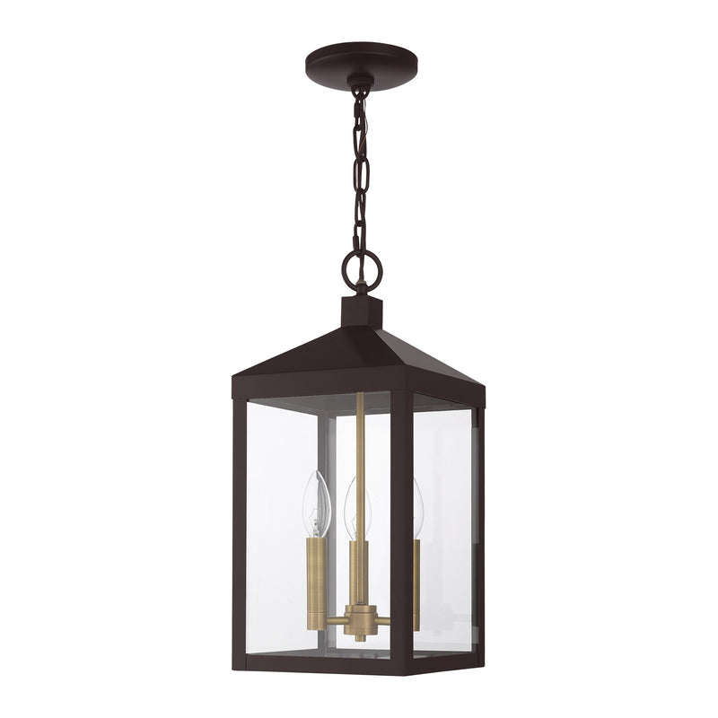 Nyack 3-Light Medium Outdoor Pendant Lantern in Bronze with Antique Brass Cluster