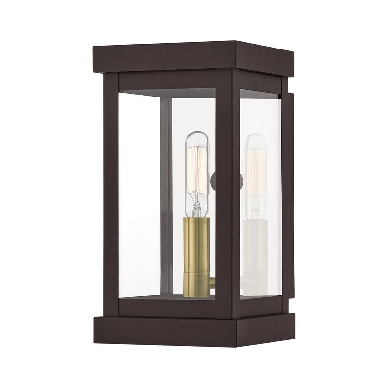 Hopewell Mini Outdoor Wall Lantern in Bronze with Antique Brass Finish Cluster and Polished Chrome Stainless Steel Reflector