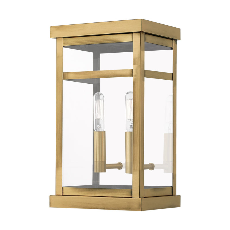 Hopewell 2-Light Small Outdoor Wall Lantern in Antique Brass with Polished Chrome Stainless Steel Reflector