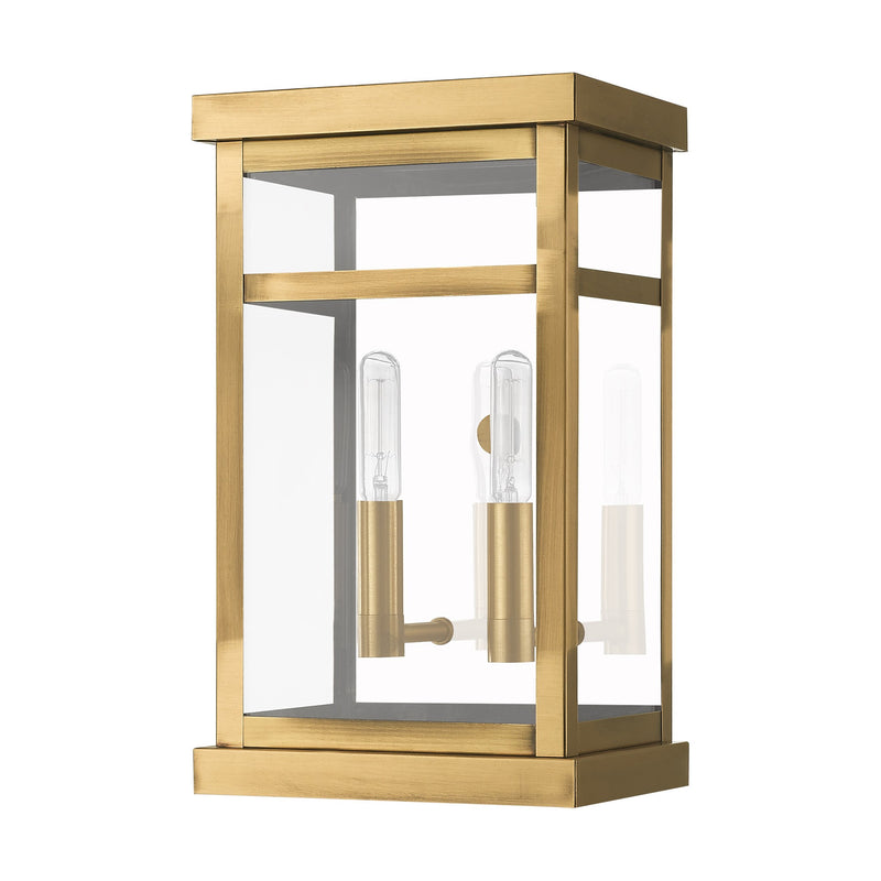 Hopewell 2-Light Small Outdoor Wall Lantern in Antique Brass with Polished Chrome Stainless Steel Reflector