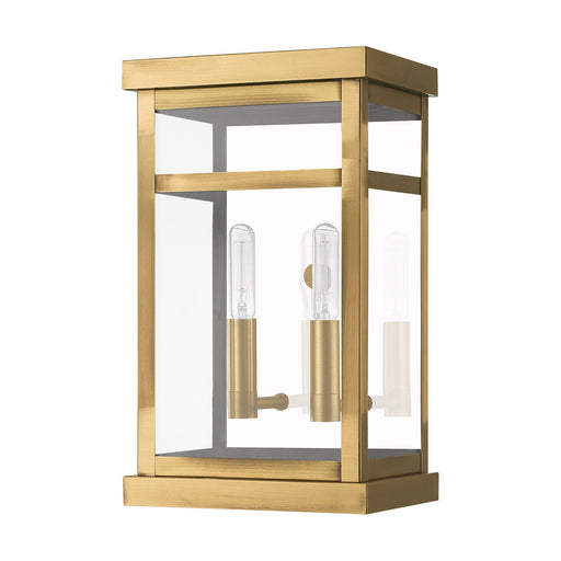 Hopewell 2-Light Small Outdoor Wall Lantern in Antique Brass with Polished Chrome Stainless Steel Reflector